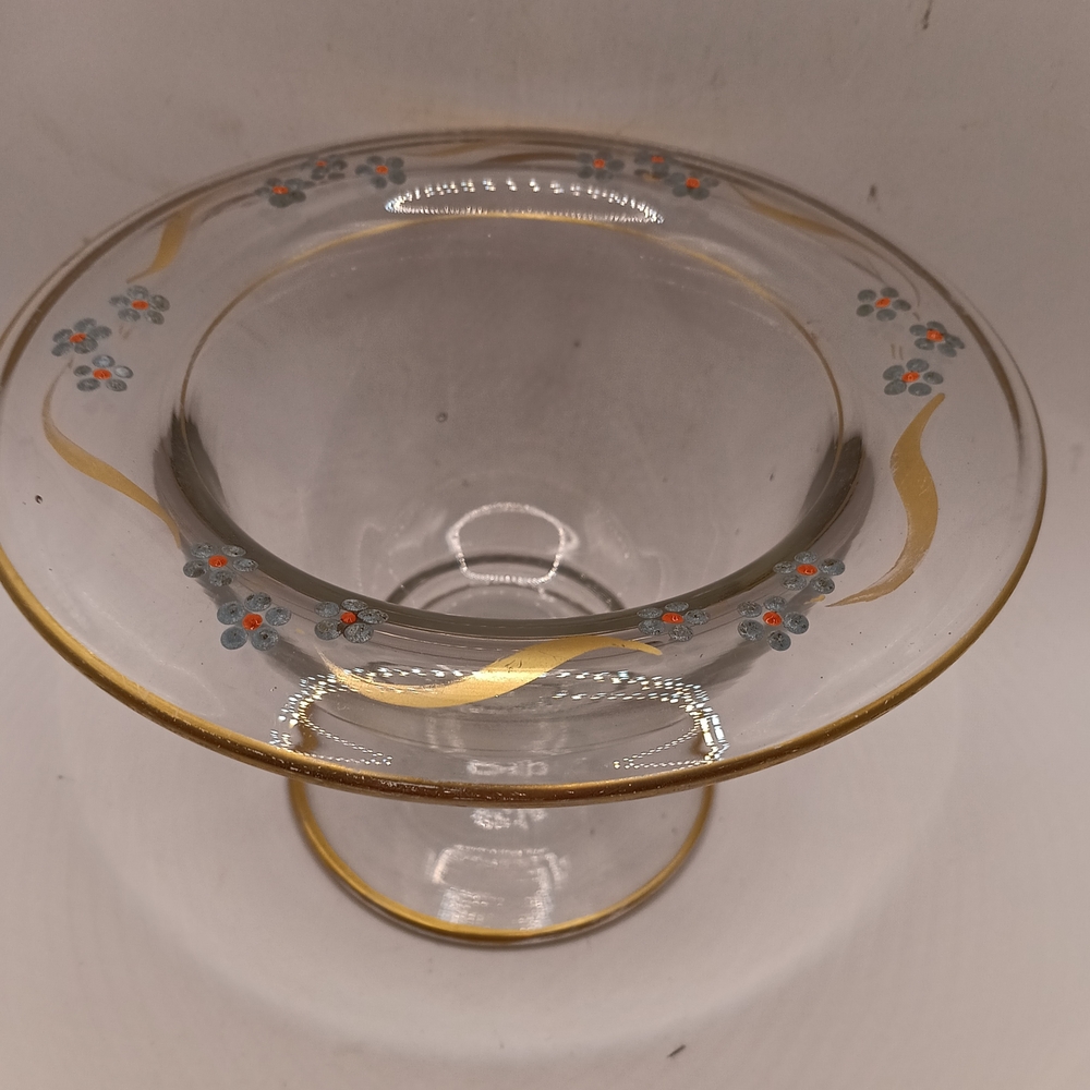 Westmoreland Clear Glass Compote with Gold Trim and Blue-Gray Floral Accents